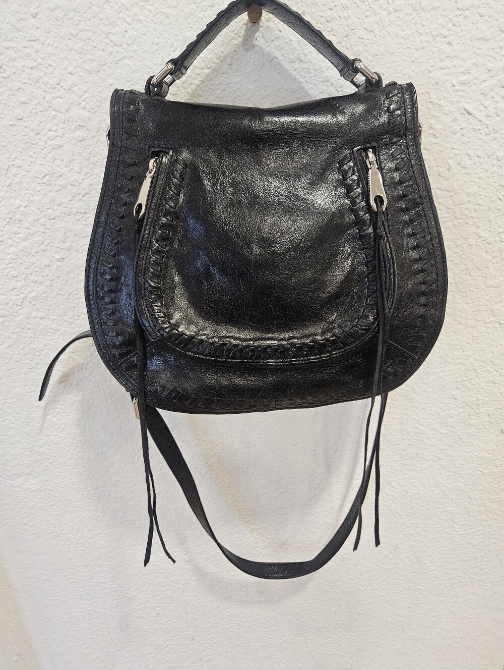Rebecca Minkoff Black Leather Vanity Saddle Bag Top Handle Moto